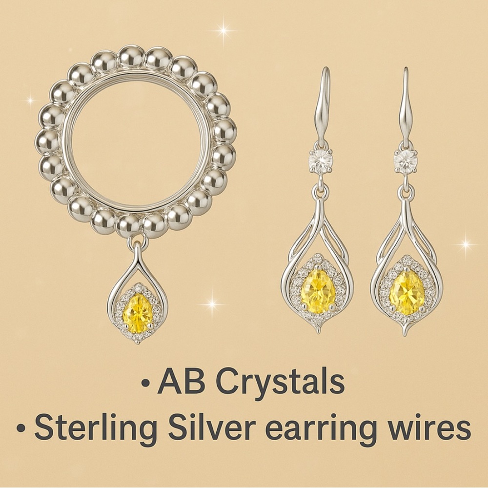 Sterling Silver Earrings and Ring Set with Yellow Crystals. AAA+ quality!